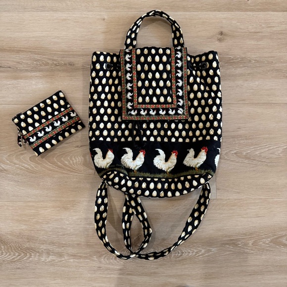 Vintage Vera Bradley Chanticleer Mimi Backpack Rooster Eggs Black Retired Rare - Picture 1 of 5